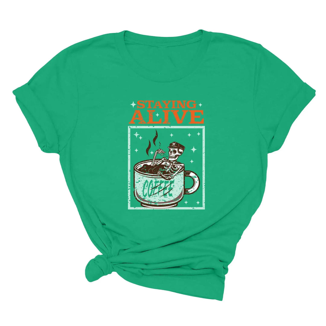 Trendy Coffee Shirt | Staying Alive Skeleton Coffee Tee Shirtprintingcenter