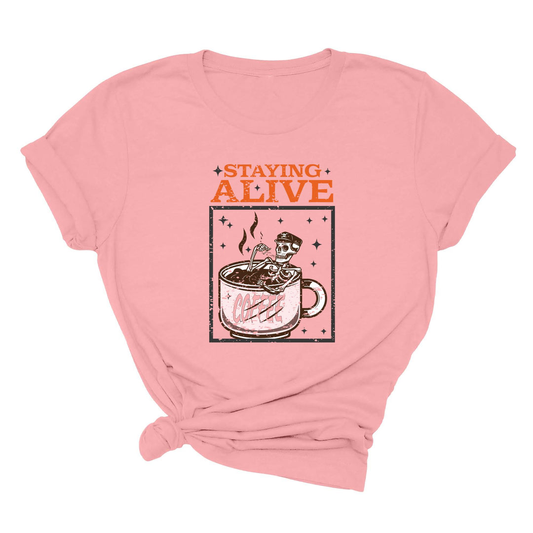 Trendy Coffee Shirt | Staying Alive Skeleton Coffee Tee